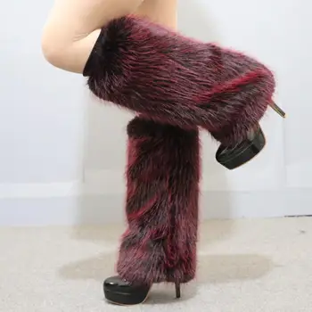 1 Pora moterų Lapės kailio imitacija Kojų šildytuvai Vienspalviai elastiniai kailiniai batų užvalkalai Kelio ilgio ilgos kojinės Madingi aksesuarai