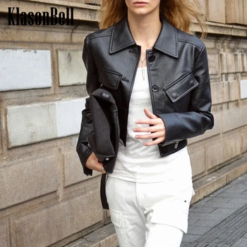 11.6 KlasonBell Pu-Leather Fashion Street Turndown apykaklė Viengubų rankogalių užtrauktuko dizainas Trumpas striukės paltas Moterys