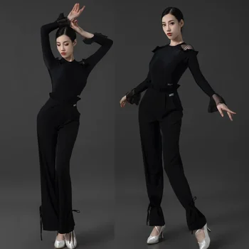 2022 Nauji lotynų šokių kostiumai moterims Juodos ilgos rankovės Viršūnės Pumpurinės kelnės Šiuolaikinio šokio spektaklio kostiumai Lotynų apranga DN14196