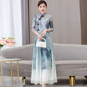 2023 moterų vintažinė šokių suknelė fėjos kostiumas kinų tradicinis senovinis gėlių atspaudas qipao tops kelnių komplektas liaudies šokių kostiumas