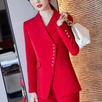 2023 Naujas žiemos moteriškas elegantiškas moteriškas raudonos spalvos kelnių kostiumas Blazer + Kelnės Business Jacket Office Lady 2 dalių komplektas S-4XL