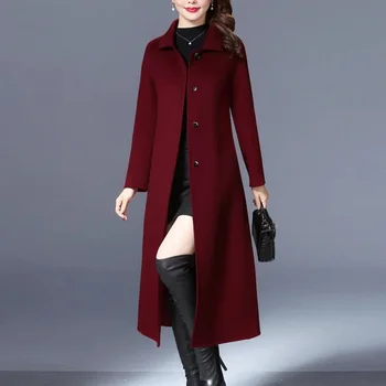 2024 Ilgomis rankovėmis kišenės Sustorėjęs šiltas moteriškas paltas Rudeninis žieminis sagos Placket Kieti dvipusiai vilnoniai viršutiniai drabužiai