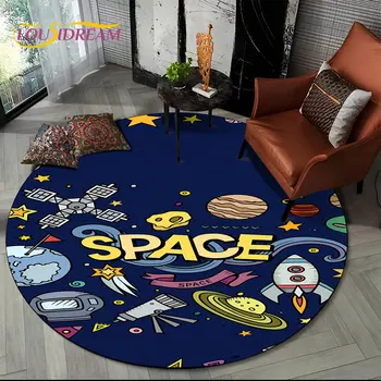 3D astronautų kosminis animacinis filmas Apvalaus ploto kilimėlis, kiliminis kilimėlis svetainei Vaikų miegamojo sofa Žaidimų kambario dekoras, neslystantis grindų kilimėlis
