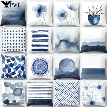 45x45cm Mėlynas rašalas Gėlių pagalvės užvalkalas Sofa Svetainė Namų dekoravimas Abstraktus geometrinis poliesterio pagalvėlės užvalkalas Miegamojo dekoras