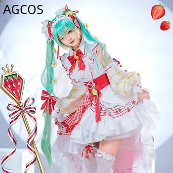 AGCOS Anime Miku 15-mečio Cosplay kostiumas Moteris Kalėda Miku Miela Braškė Cosplay suknelė Kostiumai Drabužiai