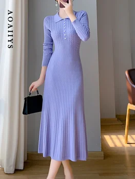 Aoaiiys suknelės moterims 2023 m. rudens paprasta prašmatni apverčiama apykaklė Vidurio blauzdos suknelės Plona kieta megzta suknelė aukštu liemeniu