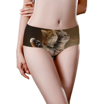 Aukštos kokybės besiūliai seksualūs apatiniai drabužiai 3D Digital Print Cat Ledinės šilkinės kelnaitės Moteriškos trumpikės Patogus apatinis trikotažas Klubo apvyniojimas Apatinės kelnaitės