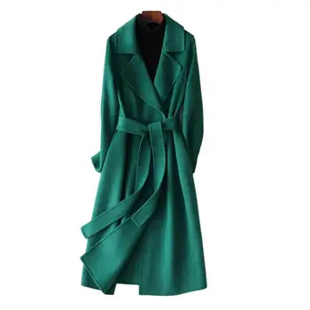Aukštos kokybės dvipusis aksominis paltas Moterų ilgas diržas iki kelių žiemą Rankomis apvyniotas plonas vilnonis paltas Moterys
