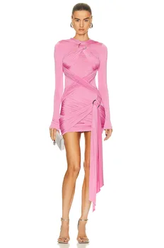 Aukštos kokybės moteriška rožinė suknelė Fomal elegantiška ilgomis rankovėmis Įrišimas Bodycon Mini įžymybių vakarėlis Gimtadienio suknelė High Street