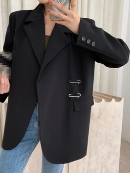 Blazer Moterys 2024 Pavasario ruduo Moteriškos laisvalaikio ilgomis rankovėmis paltas Korėjiečių mada Elegantiški juodi maži švarkai Išoriniai drabužiai