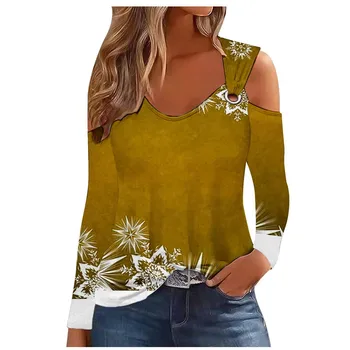 Casual Yellow Print Kalėdiniai marškinėliai moterims Top 2023 m. rudens ilgomis rankovėmis V formos kaklas Nuo peties marškinėliai Moteriški trišakiai