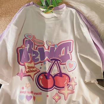 Cotton Chic Cherry Print Grafiniai marškinėliai Moteriški oversized Kawaii Teens Girls Summer Tees Tshirts Korean Moteriški drabužiai Y2k Top