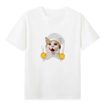 Cute Cat Chef marškinėliai Vasaros trumpomis rankovėmis Laisvalaikio trikotažas Moteriški Top Pigūs moteriški drabužiai A0129