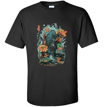 Dizainas Japonų samurajus Lotus Koi Vyriški marškinėliai Nemokami kuponai Akvarelė Žuvys Mada Juodi marškinėliai 100% Medvilnės viršūnėlės & Trišakiai Homme