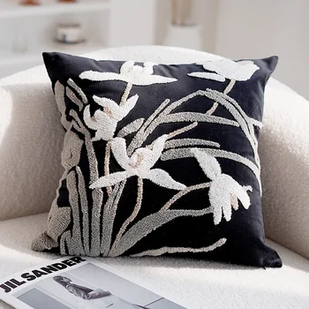 DUNXDECO Kinų prabangos menas Orchidėja Bambuko siuvinėjimas Pagalvėlės užvalkalas Aksominis dekoratyvinis pagalvės dėklas Kambarys Biuro sofa Kėdė Coussin
