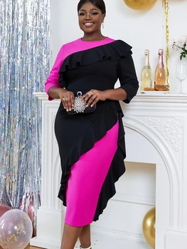Elegantiškos suknelės moterims 2023 Ruffle Color Block O Kaklo chalatas pusrankovėmis Rudens vakaro vakarėlis Afrikos renginys Midi chalatai Nauja