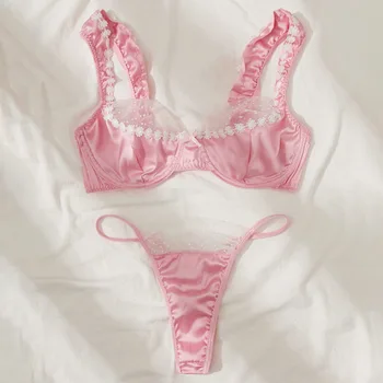 Erotinis apatinis trikotažas rožiniai nėrinių gėlės apatiniai drabužiai aukštos kokybės trijų taškų seksualus liemenėlės kelnaičių komplektas