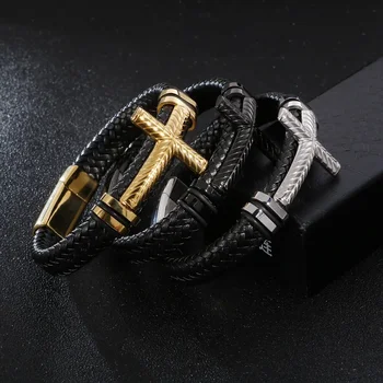 Fashion Creative Cross Metal Magnetic Clasp Bracelet Bracelet Men's Charm Leather Bpined Bracelet Party Elegantiški aksesuarai