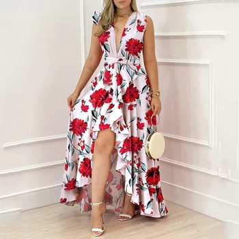 Fashion Print Gėlių vakarėlio suknelė Moteriški drabužiai V-Kaklas Be rankovių Higt Juosmuo Suriškite netaisyklingą apvadą Suknelės Elegantiška plona suknelė