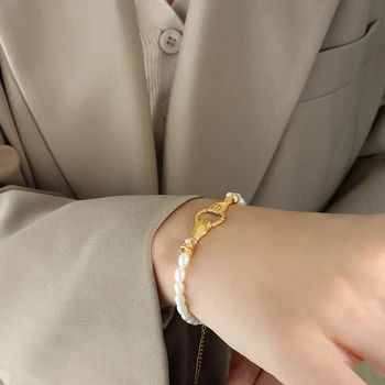 Fashion Titanium Steel Abi rankos, laikančios apvalią žiedinę apyrankę Elegantiška gėlavandenių perlų grandinėlės apyrankė moterims Žavesio papuošalai