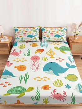Fish Marine Life Cartoon Fitted Bed Sheet Cover Elastic Band Anti-Slip Mattress Protector for Single Double King