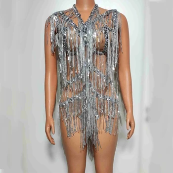 Full Fringed Party suknelės Moterys Rhinestones Švenčia smėlinukų scenos festivalio aprangą Gogo šokių kostiumai Vakarinė apranga XS7553