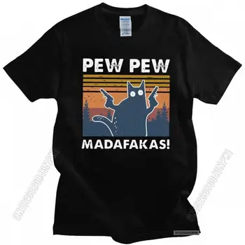 Funny Cat Pew Pew Madafakas marškinėliai Vyrai Medvilnė Vintage Crazy Cat Tee Tops Popular Tshirt Crew Neck Casual marškinėliai Dovana