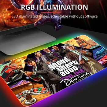Grand Theft Auto RGB Mouse Pad Gamer priedai Didelis šviesos diodas geriausi žaidimai MousePad XL žaidimų stalinis kompiuteris su foniniu apšvietimu Mause kilimas