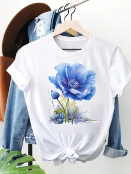 Graži akvarelės gėlių tendencija Moterų mada Laisvalaikio spauda Viršutinė dalis trumpomis rankovėmis Lady O-neck marškinėliai Drabužiai Grafiniai marškinėliai