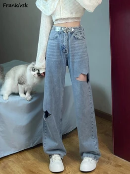 High Wasied Jeans Women Simple College Fashion Korean Style Denim Kelnės Basic Summer Baggy Solid Clothing Teens Vintage Daily