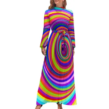 Hipnotizuojanti psichodelinė suknelė ilgomis rankovėmis Vertigo skylės atspaudas Miela Maxi suknelė aukštu juosmeniu Gatvės stilius Boho Beach ilgų suknelių dovana