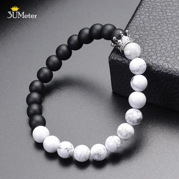 Hot Sale Natural Howlite And Black Matte Stone Bracelet King Crown Beaded Branklet for Couple Yoga Energy Bangle Jewelry Pulsera