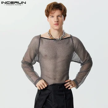 INCERUN Tops 2023 Amerikietiško stiliaus vyriški putojantys tinklinio audinio marškinėliai Seksualus tuščiaviduris dizainas ilgomis rankovėmis Camiseta S-3XL