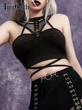 InsGoth Y2K Sexy Gothic Lace Up Halter Black Women Crop Top Fairy Grunge Coquette Harajuku Design Tank Estetiniai tinkliniai drabužiai