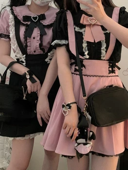 Japonų Lolita Kawaii suknelė Kostiumas Moterys Goth Y2k Saldus dviejų dalių rinkinys Moteriška Peter Pan apykaklė Palaidinė + Juoda rožinė suknelė Pakaba