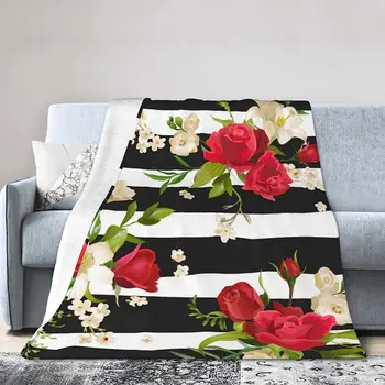 Juodos baltos juostelės raudonos rožių gėlės antklodės antklodės visais metų laikais Super minkšta pliušinė antklodė žiemos patalynės sofai