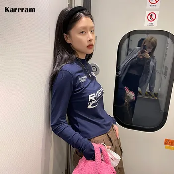 Karrram Grunge Letter Print Tops Korean Fashion Tight T-shirts Japanese Harajuku Slim Tshirt Y2k Aesthetics Streetwear Vintage