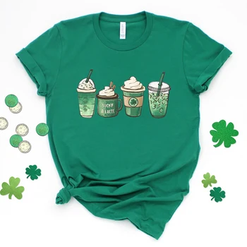 Kavos marškinėliai St Patricks dienos marškiniai Mieli St Patty's Day marškiniai Lucky Latte Žalieji marškiniai Airių Shamrock Dobilo marškinėliai Unisex Tees