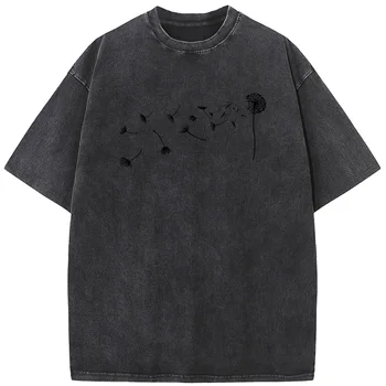Kiaulpienės Unisex išskalbti marškinėliai Vasariniai laisvi balinti marškinėliai Medvilnė 230g O-Neck Casual trumpomis rankovėmis Baliklio viršus Tee
