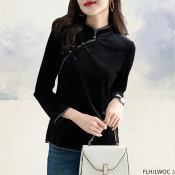 kinų stiliaus Chi-pao apykaklės dizainas Juodo aksomo viršūnės Naujieji metai 2024 Pavasario moterys Pasimatymas Merginos Elegantiški retro marškiniai Palaidinė Vintage