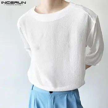 korėjietiško stiliaus Nauji vyrai Plonas kvėpuojantis tekstūros raštas Megztiniai Marškinėliai Casual O-neck 7/4 rankovės Camiseta S-5XL INCERUN Tops 2023