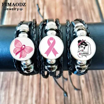 Krūties vėžio apyrankė Moterys Rožinis kaspinas Drugelis Sąmoningumas Papuošalai Stiklo mygtukas Žavesio apyrankės Rankų darbo kirpčiukų dovana