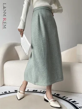 [LANMREM] Solid Elegant Elastic High Waist A-line sijonai moterims Office Lady Split Design Sijonas 2024 Spring New 26D6724