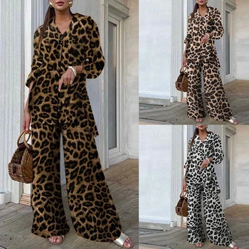 Leopardo rašto marškinių komplektas 2 dalių rinkinys moteriško leopardo rašto marškinių ilgomis rankovėmis viršus ir kelnės plačios kojos kelnės laisvas komplektas plius dydis