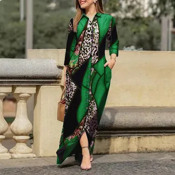 Leopardo rašto marškinių suknelės Moterys Fashion Lapel ilgomis rankovėmis Moterys Vienguba ilga Maxi suknelė Ponios Atostogos Laisvalaikis Vestido
