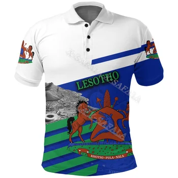 Lesoto šalies vėliavos emblema Nacionalinė nepriklausomybės diena 3D spausdinti Polo marškinėliai Vyriška apykaklė Trumpomis rankovėmis StreetWear Casual Top-1
