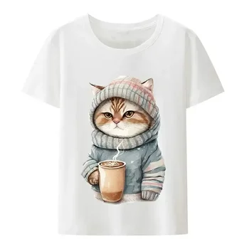 Lovely Cat Design Marškinėliai moteriškiems drabužiams Vasaros O-kaklo marginti grafiniai marškinėliai Y2K White Tops Tee