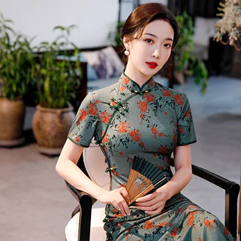 Manrarin apykaklė Cheongsam kinų tradicinio stiliaus suknelė su vintažinėmis sagomis spausdinti Qipao Moteriška suknelė trumpomis rankovėmis Vestidos