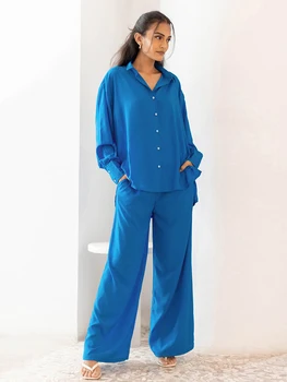Marthaqiqi Žieminiai moteriški miego drabužiai Kostiumas Apversta apykaklė Naktiniai marškiniai ilgomis rankovėmis Naktinės kelnės Laisvalaikio mėlyni namų drabužiai Moteriški