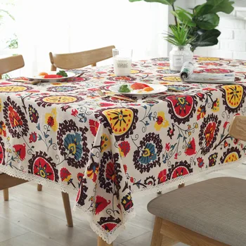 Medvilniniai lininiai saulės gėlių atspaudai su kutu Stačiakampis staltiesė Virtuvinė staltiesė stalo vestuvių dekorui Kavos staliuko dangtelis